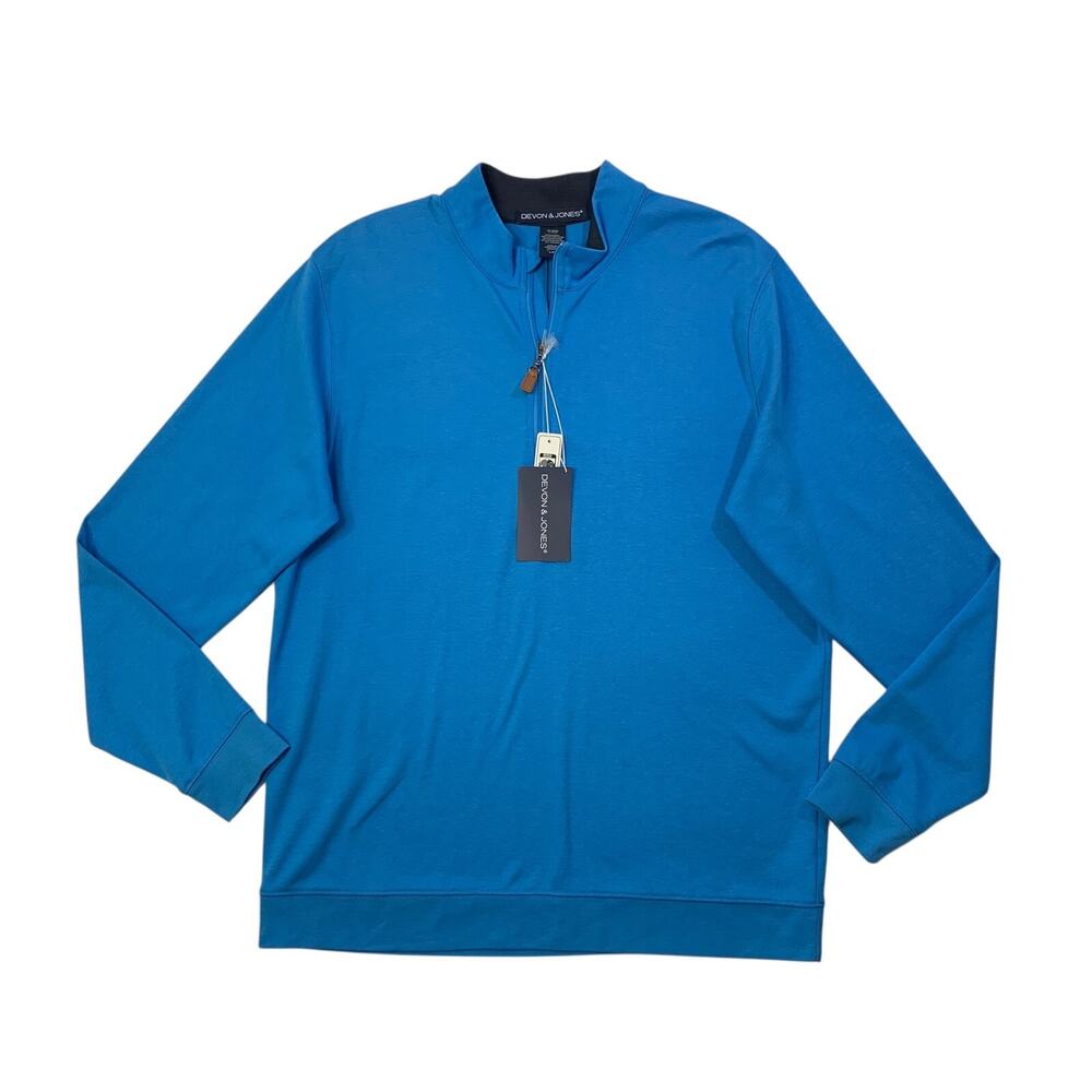 Devon & Jones Sweater Men L Large Ocean Blue Cotton Quarter Zip Easy Care Fabric